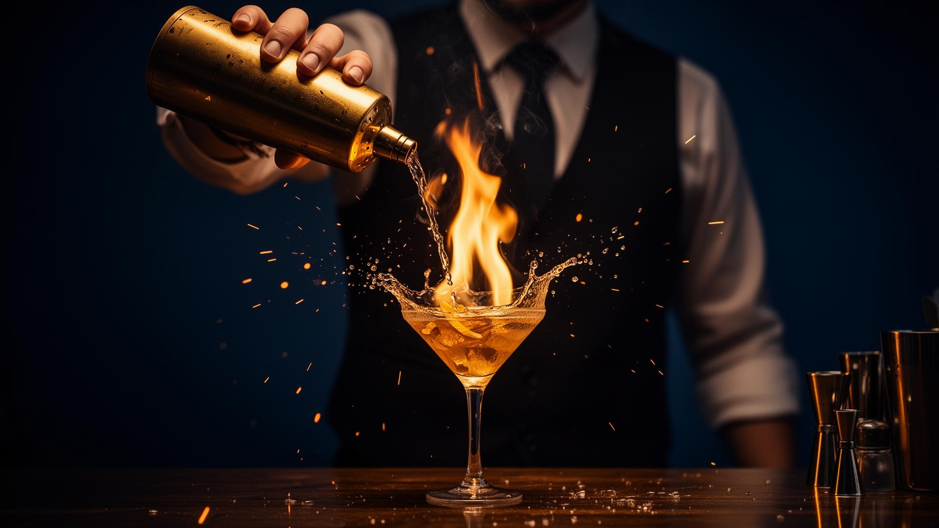 Flair bartender pouring a cocktail with flames